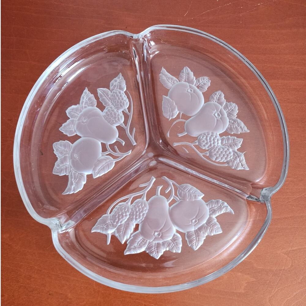 Imperial Glass Company Blackberries Pears Crystal  Frosted Glass 3 Section Tray